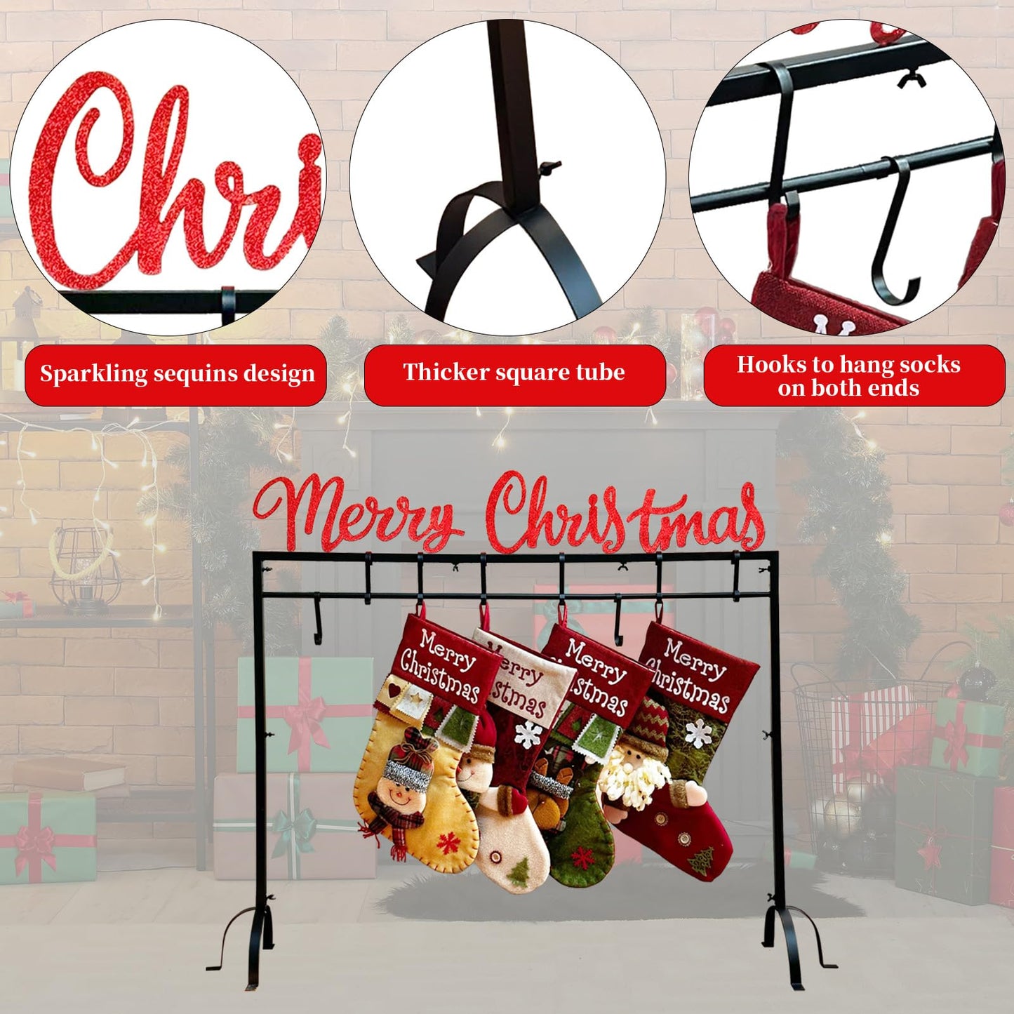 HUTHDAK Metal Merry Christmas Stocking Holder Stand with 8 Hooks,Heavy Duty Freestanding Christmas Stocking Holder Stand for Floor.Deluxe Christmas Stocking Stand-Easy Assembly and Stand for Home