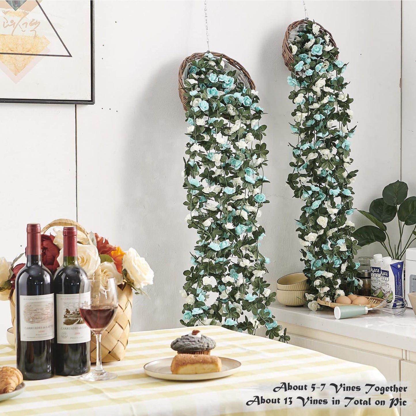 PONKING 8 Pcs x 8.2 ft Flower Garland Artificial Rose Vine Flowers with Green Leaves Hanging Fake Roses Vine for Room Party Home Wedding Birthday Christmas Wall Arch Decor, White Blue Flower
