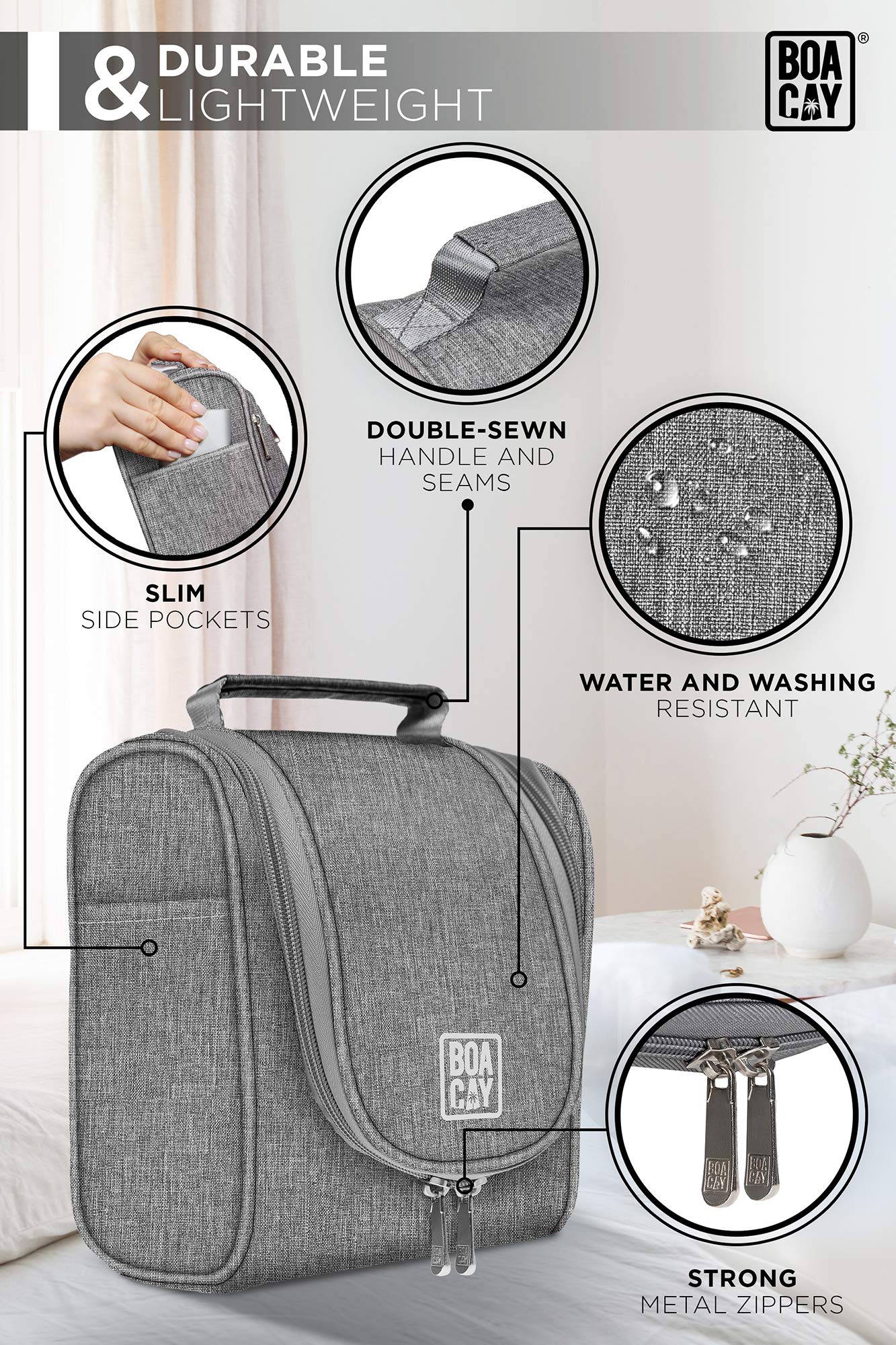 BOACAY Small Hanging Travel Toiletry Bag for Women & Men, Makeup Bag, Shower & Wash Bag, Organiser Kit for Cosmetics, Essentials, Travel Accessories (S) Quartz Gray