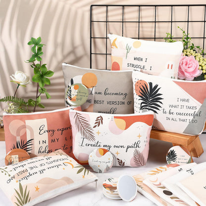 Kacctyen 24 Pcs Positive Affirmation Gift Set 12 Inspirational Canvas Makeup Bags 12 Daily Affirmations Mirrors Bulk Employee Appreciation Gifts for Women Stress Relief Self Care Gift(Bohemia)