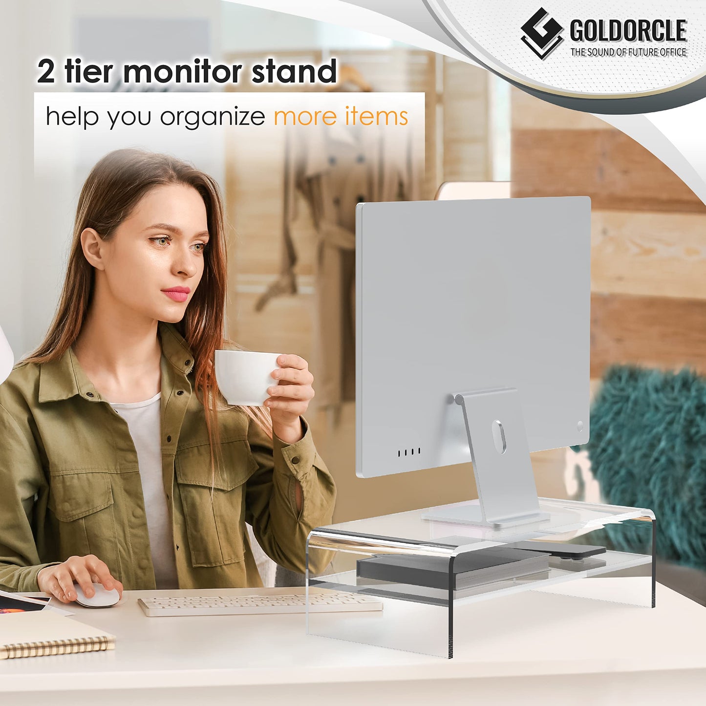 GoldOrcle Acrylic Monitor Stand Riser Clear Computer Monitor Stand (Big)
