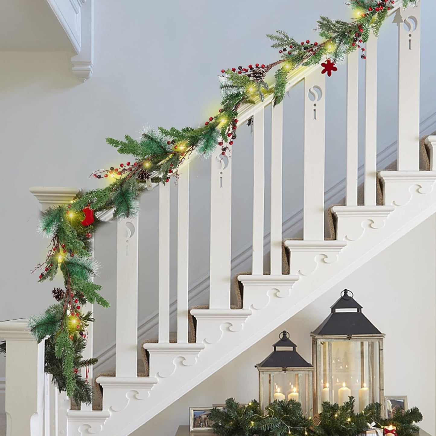 winemana 6 FT Pre-lit Artificial Christmas Garland with 20 LED Lights, Battery Powered with Pine Cones, Red Berries, Pine Needles, Lighted Christmas Garlands for Fireplace Mantle Holiday Decorations
