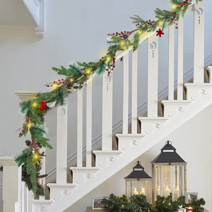 winemana 6 FT Pre-lit Artificial Christmas Garland with 20 LED Lights, Battery Powered with Pine Cones, Red Berries, Pine Needles, Lighted Christmas Garlands for Fireplace Mantle Holiday Decorations