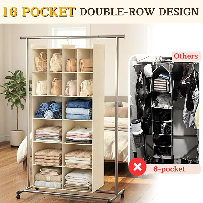 Ofiray-home 6 Tier Hanging Closet Organizer, 16 Compartments Sweater Organizer