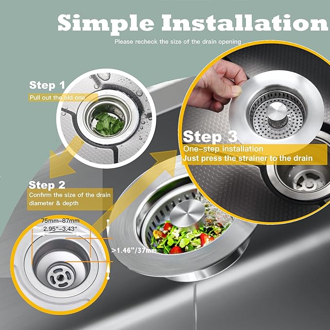 Sink Drain Strainer 3 in 1, 304 Stainless Steel Pop Up Sink Stopper,