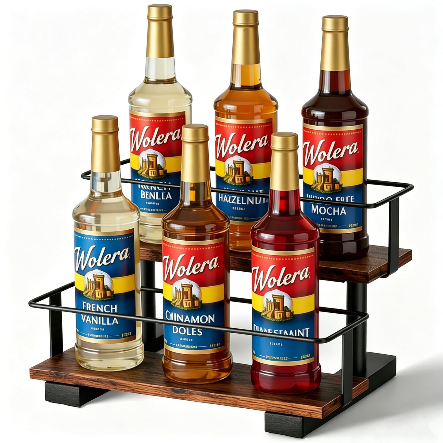 Wolera 2-Tier Coffee Syrup Organizer Rack – Holds 6 Syrup Bottles, Space-Saving Countertop Display Shelf for Coffee Bar, Liquor, Spice Jars & Essential Oil Bottles, Rustic Wood & Metal Stepped Shelf
