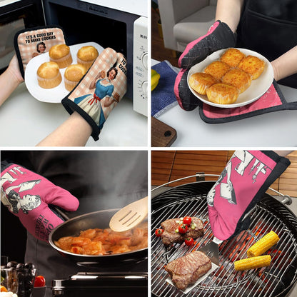 ZHANTUONE It's A Good Day to Make Cookies Funny Heat Resistant Oven Mitts and Pot Holders Set with Silicone Non-Slip, Vintage Lady Cookie Lovers Baking Gadgets, Gifts for Bake Lover Hostess Mom Wife