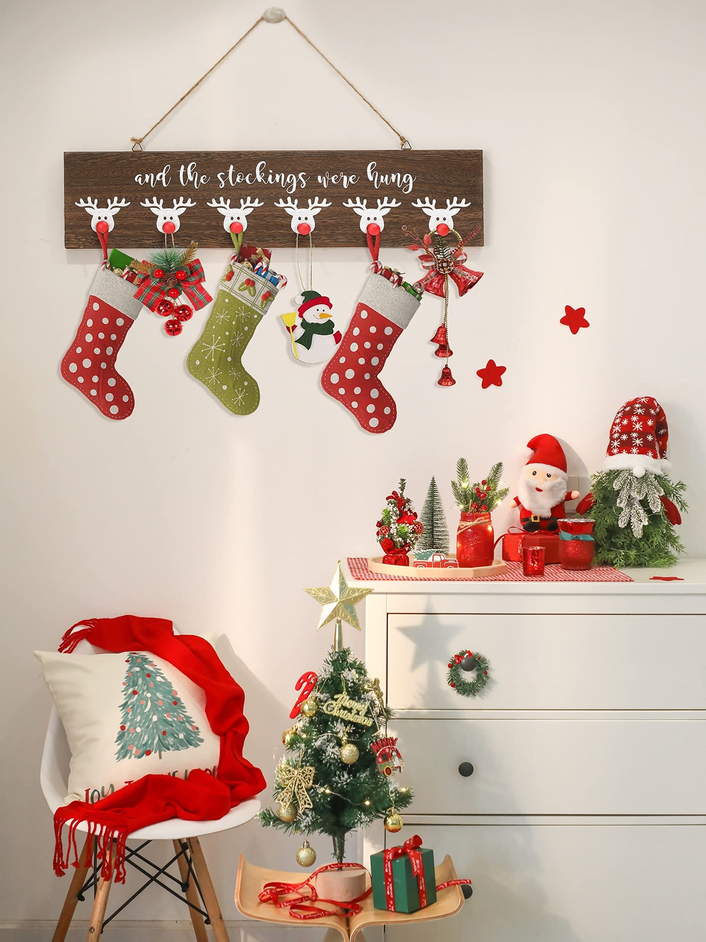 NEWLIGHTURE Christmas Stocking Wall Hanger The Stocking were Hung with 6 Red Nose Hooks Wood Christmas Stocking Rack Wall Mount Sign for Mantle Fireplace (Reindeer)