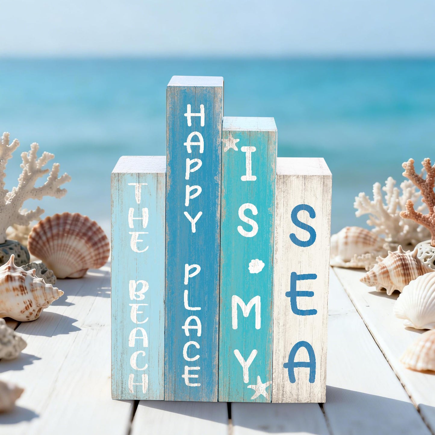 4 Pcs Beach Table Decor Ocean Rustic Wooden Book Sign Starfish Seashell Coastal Tiered Tray Decor Rustic Nautical Farmhouse Tabletop Sign Centerpieces for Summer Home Shelf Decoration