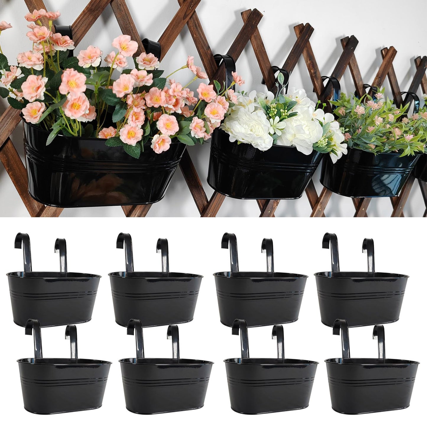 Joyfernal 8 Pack Metal Hanging Planter for Outdoor Plants, 10 Inch Black Fence Planters Railing Pots for Garden Patio Balcony Decor, Flower Bucket with Detachable Hooks (Black, 8Pcs)