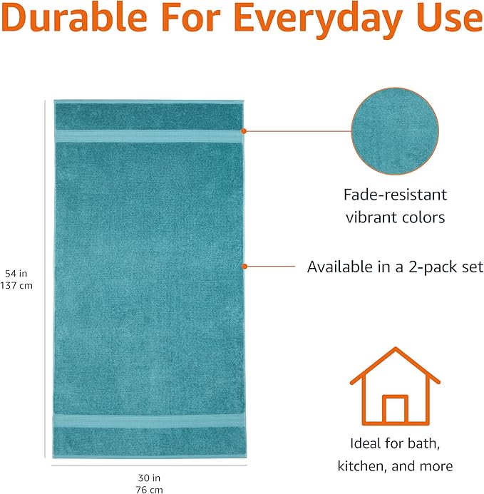 Amazon Basics Fade-Resistant 100% Cotton Bath Towel, Teal Green