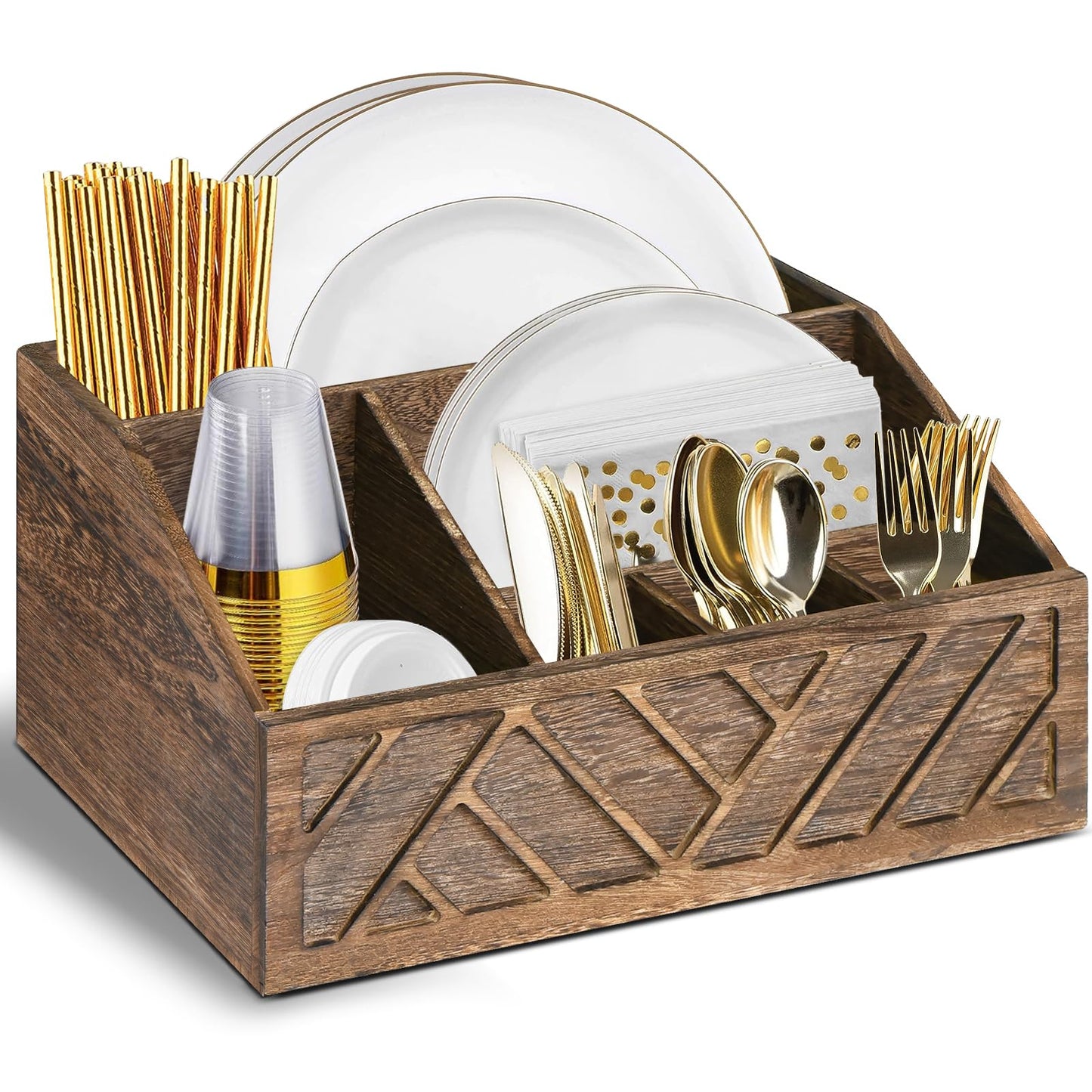 Ukonvi Paper Plate Dispenser, Paper Plate Holder for Kitchen Counter, Wood Rustic Silverware Utensil Caddy, Cutlery Flatware Organizer Box for Cups Spoons Forks Plates Napkins, Kitchen Accessories