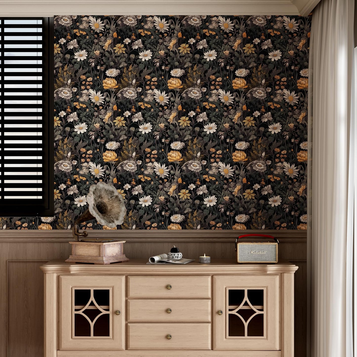 Black Floral Peel and Stick Wallpaper, Vintage Dark Botanical Contact Paper, Gold Daisy Self Adhesive Vinyl Wall Paper Waterproof&Removable Renter Friendly Wallpaper for Bedroom Cabinet 15.7"x 197"