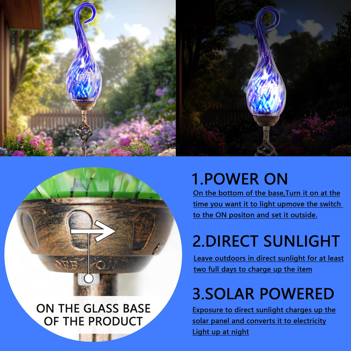 Naboher Garden Solar Lights Outdoor, Decorative LED Pearlized Glass Spiral Garden Stake with Finial, Hand Blown Glass and Metal Outdoor Decoration, 3 x 36 Inch (Dark Blue)