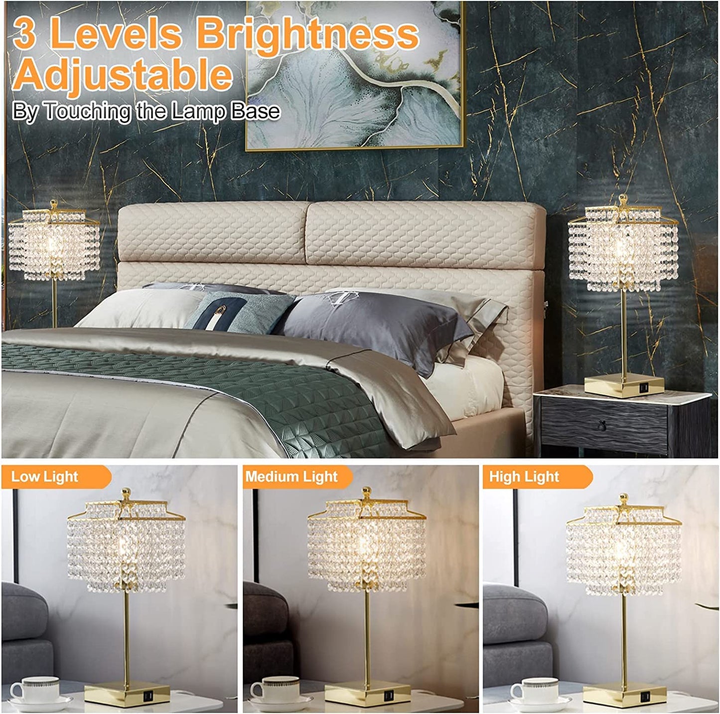 Luvkczc Crystal Touch Table Lamp, Bedside Lamps with with USB C+A Ports, Gold Bedroom Lamp, Dimmable Lamp with Crystal Shade, Nightstand Lamps for Bedroom, Living Room, Bulb Included