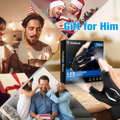 Gifts for Men, LED Flashlight Gloves, Anniversary Birthday Gifts for Men Dad Husband Him Boyfriend Husband, Camping Essentials Cool Gadgets Tools for Fishing Repairing