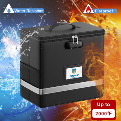 ZOOPIP Fireproof File Box with Lock, Document Box Storage Organizer, Suitable for Hanging File Folders in Letter Size, Collapsible File Box, Reflective Strip for Fast Find (12.2"*6"*10.2, Black)