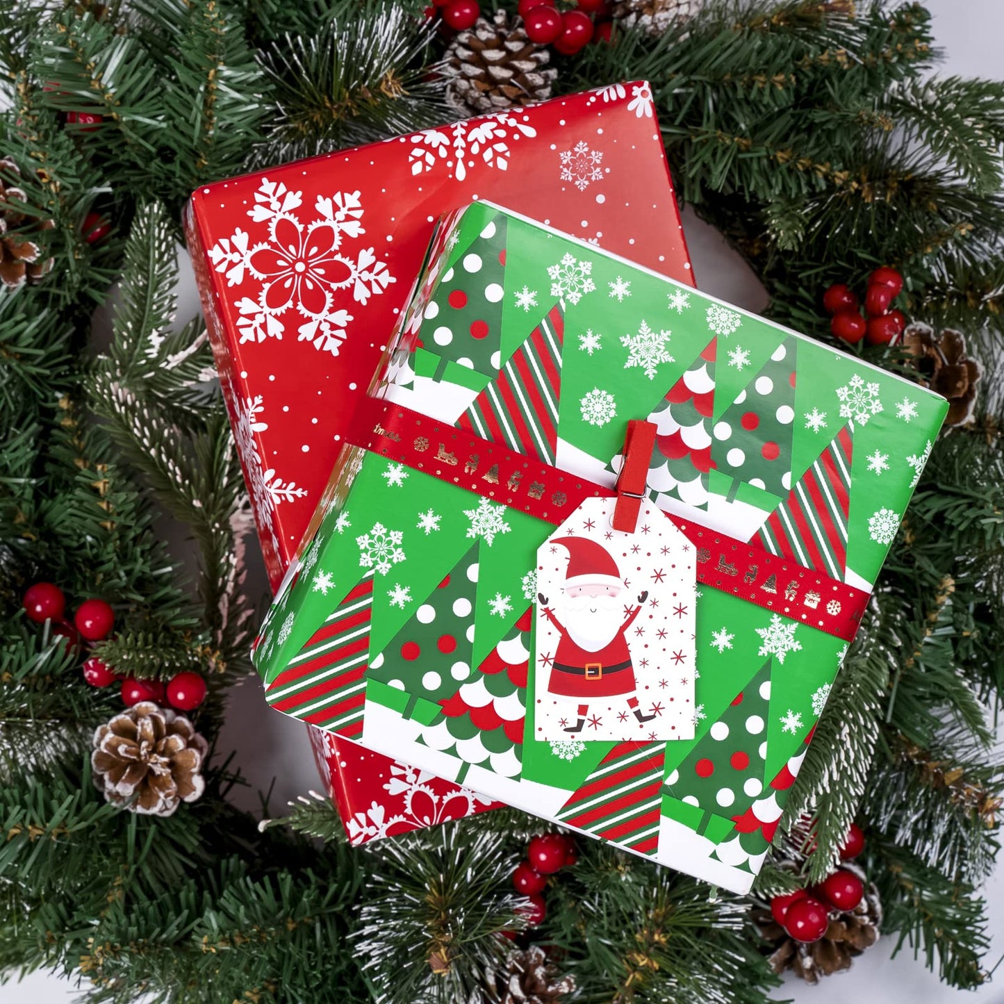 LeZakaa Christmas Wrapping Paper Jumbo Roll, Christmas Tree, Snowflakes in Red Retro Reversible Design for Festive Holiday, Family Gathering, 24 inches x 100 Feet