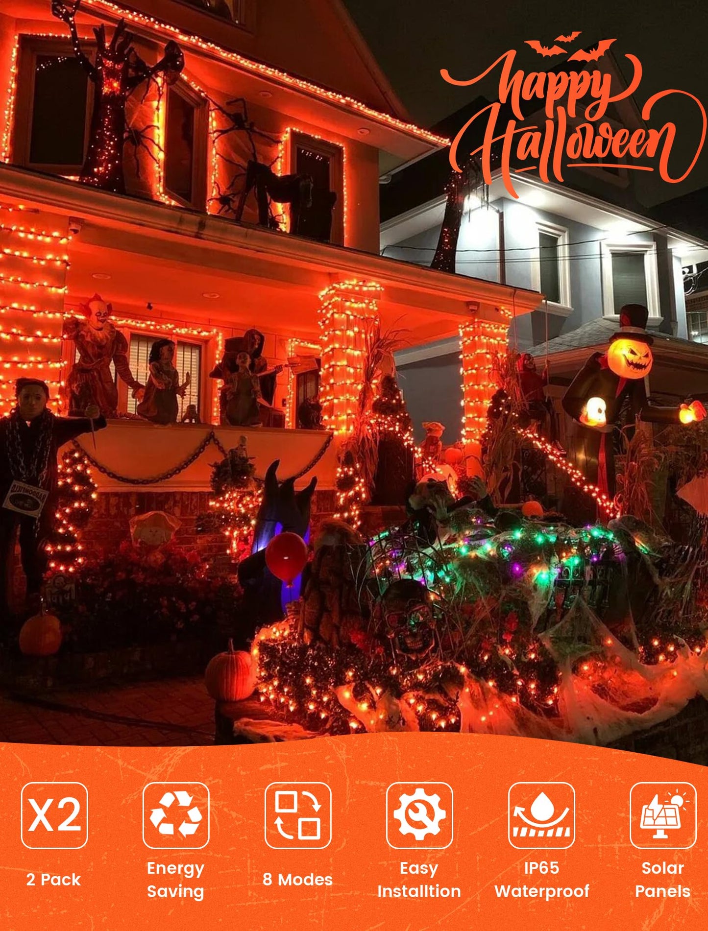 BEEWIN 2 Pack Orange Solar Fairy Lights Outdoor,Each 33ft 100 LED Solar Powered Halloween String Lights,Waterproof Copper Wire Twinkle Light for Thanksgiving Christmas Trees Party Yard Decor