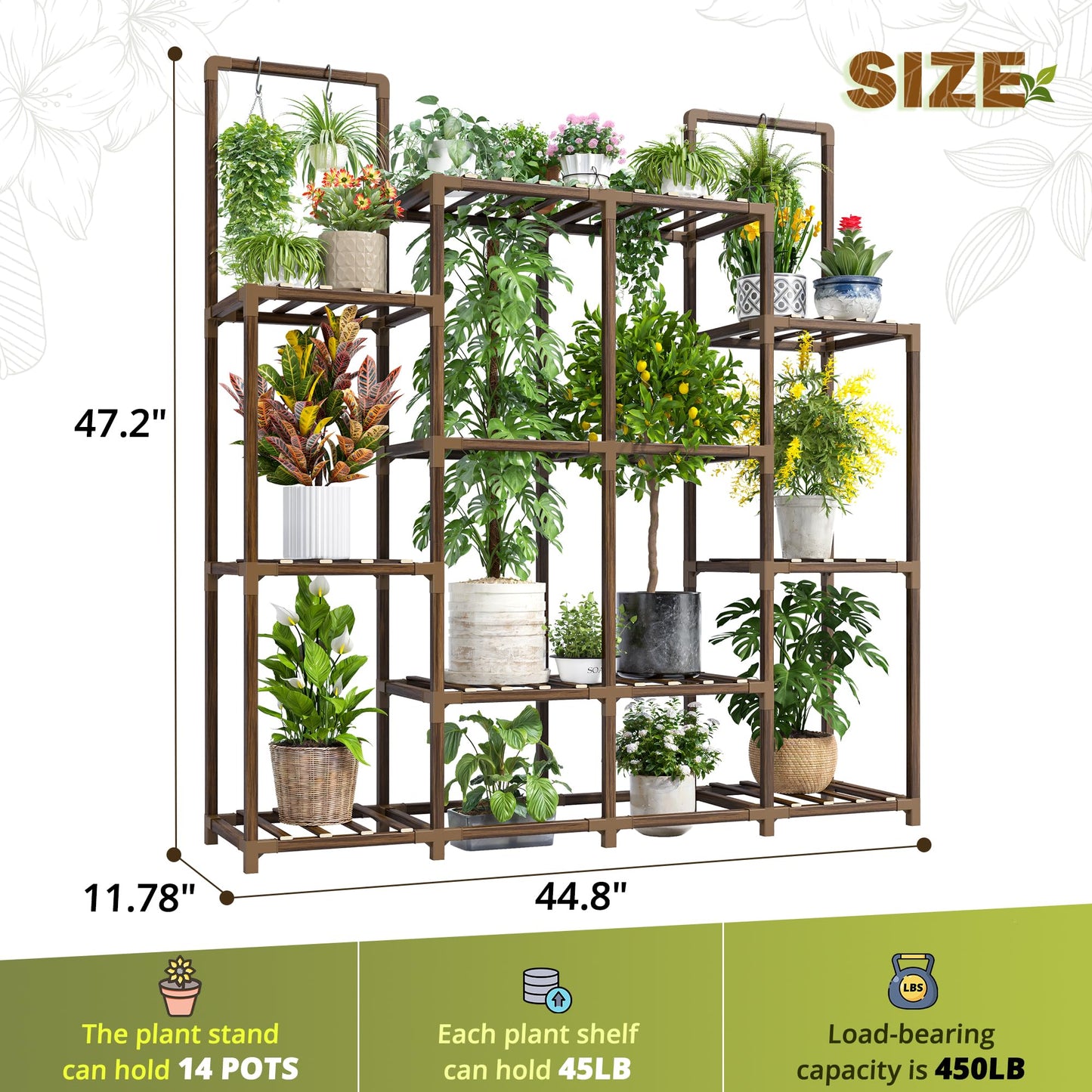 EnHomee Plant Stand Indoor Tall Plant Stand Outdoor Large Wood Plants Shelf with 12-14 Pots for Patio, Living Room, Garden, Balcony, 44.8" Wx47.2 Hx11.78 D