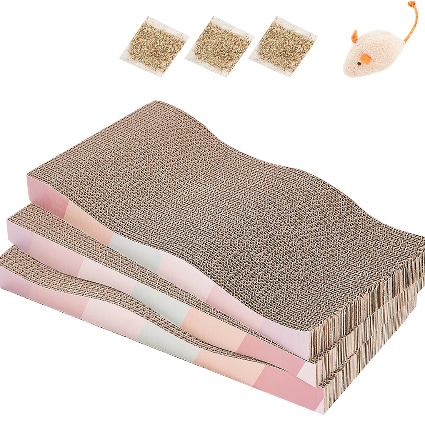 SIDAZON Cat Scratching Pads Cardboard Cat Scratchers for Indoor Cats Reversible Large Wide Corrugated with Catnip and Mini Toy (3pcs)