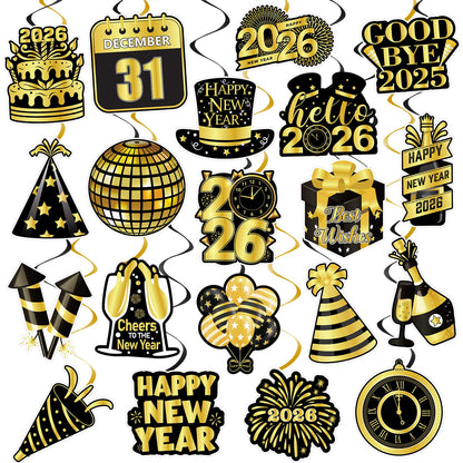 40Pcs Happy New Year Decorations Hanging Swirls, Black and Gold Happy New Year Hanging Swirls Ceiling Decor for New Year's Eve Party Decorations Supplies 2026