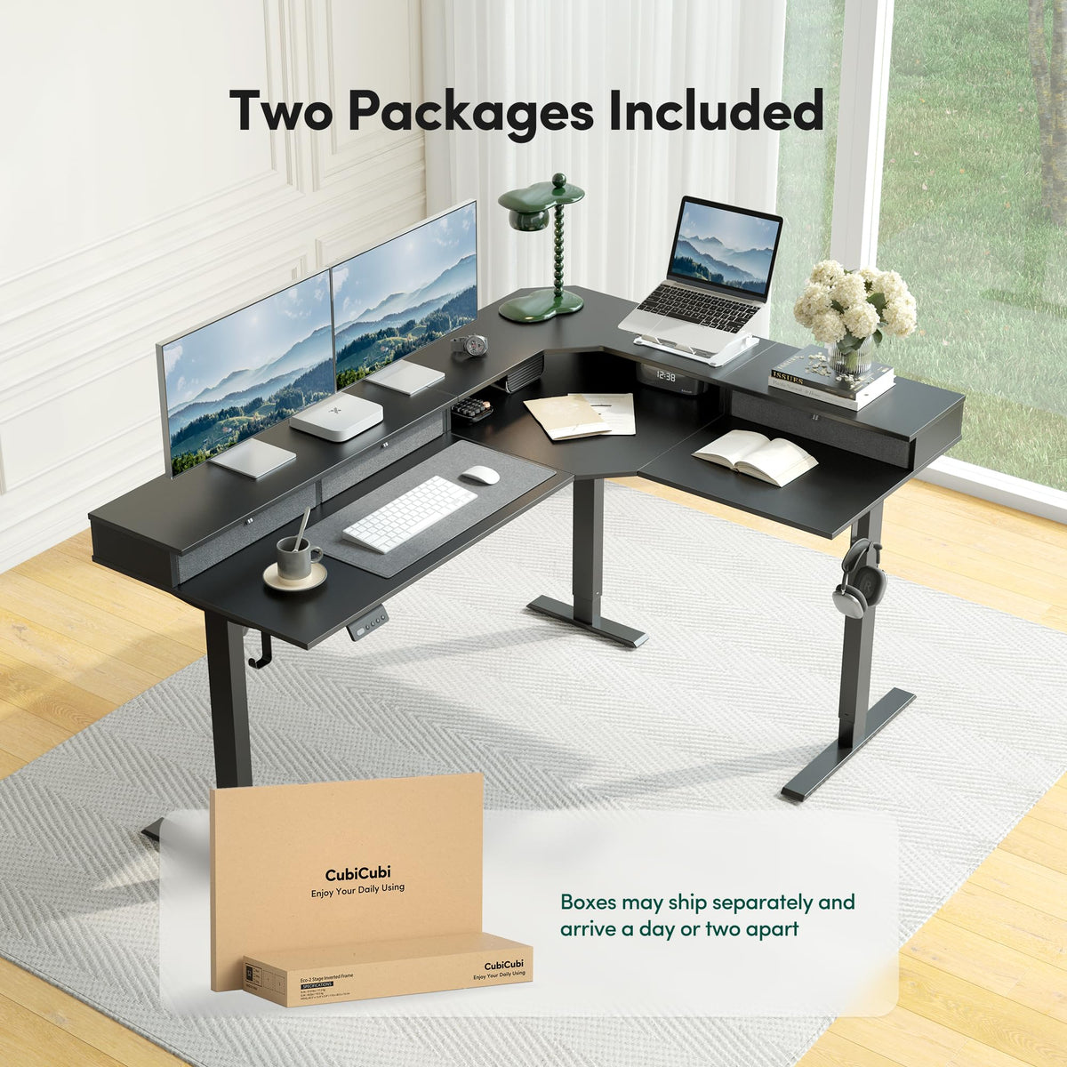 CubiCubi L Shaped Standing Desk with Drawers 63 x 48 Inch Adjustable Height, Electric Corner Desk with Storage, Sit Stand Home Office Desk with Splice Board, Black