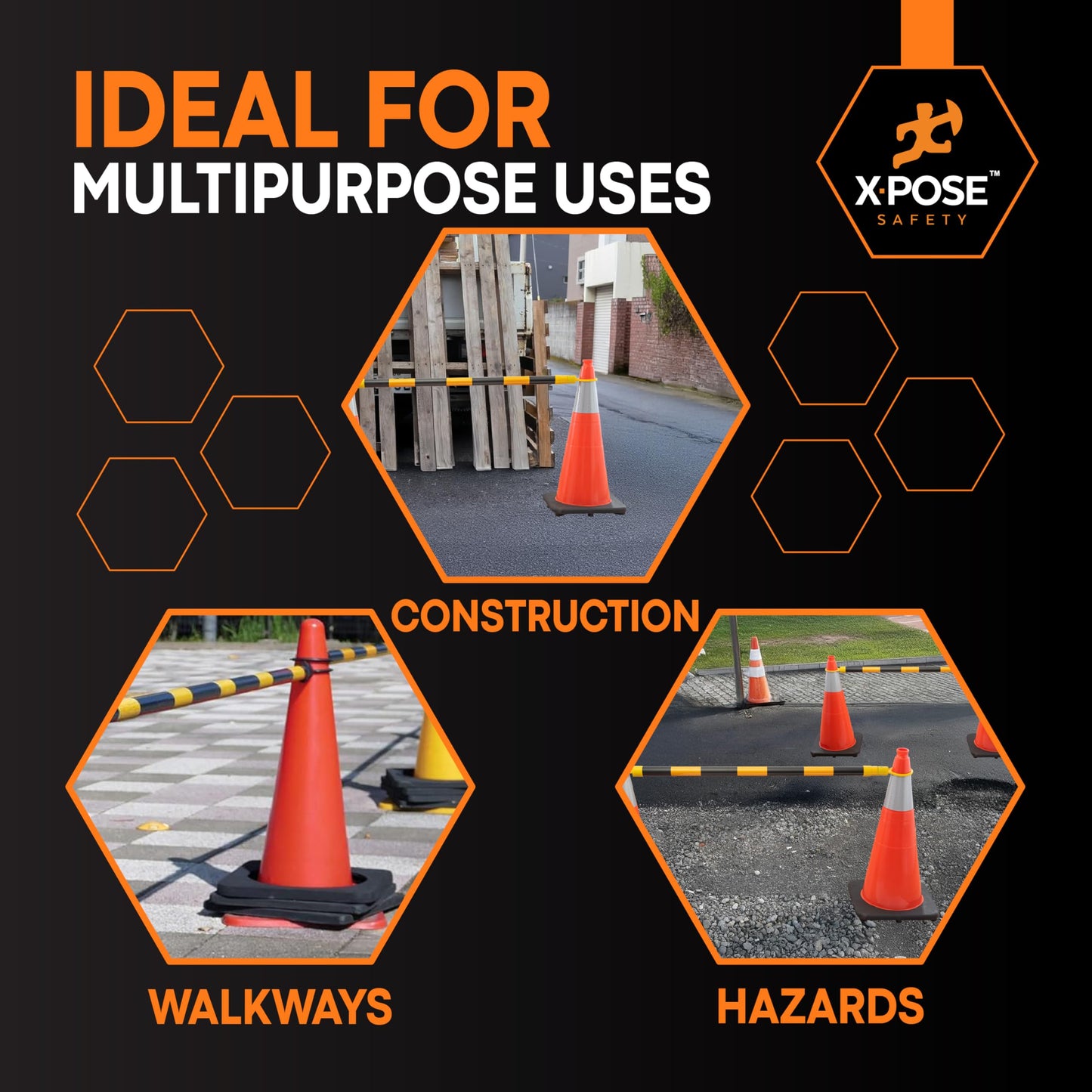Xpose Safety Reflective Retractable Barrier for Traffic Cones – 6 Pack, Yellow/Black, Expandable 72″–120″ for Construction, Parking & Crowd Control