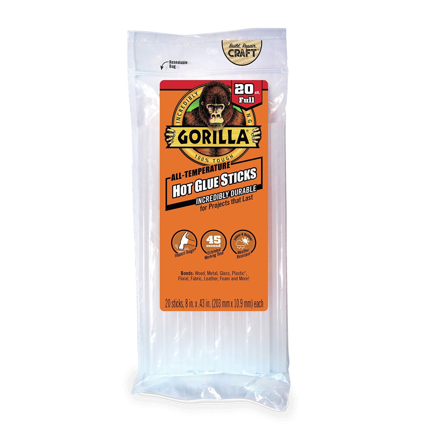 Gorilla 3032016 Hot Glue Sticks 8" Full Size (20 Count), Clear, 1 Pack