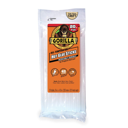 Gorilla 3032016 Hot Glue Sticks 8" Full Size (20 Count), Clear, 1 Pack