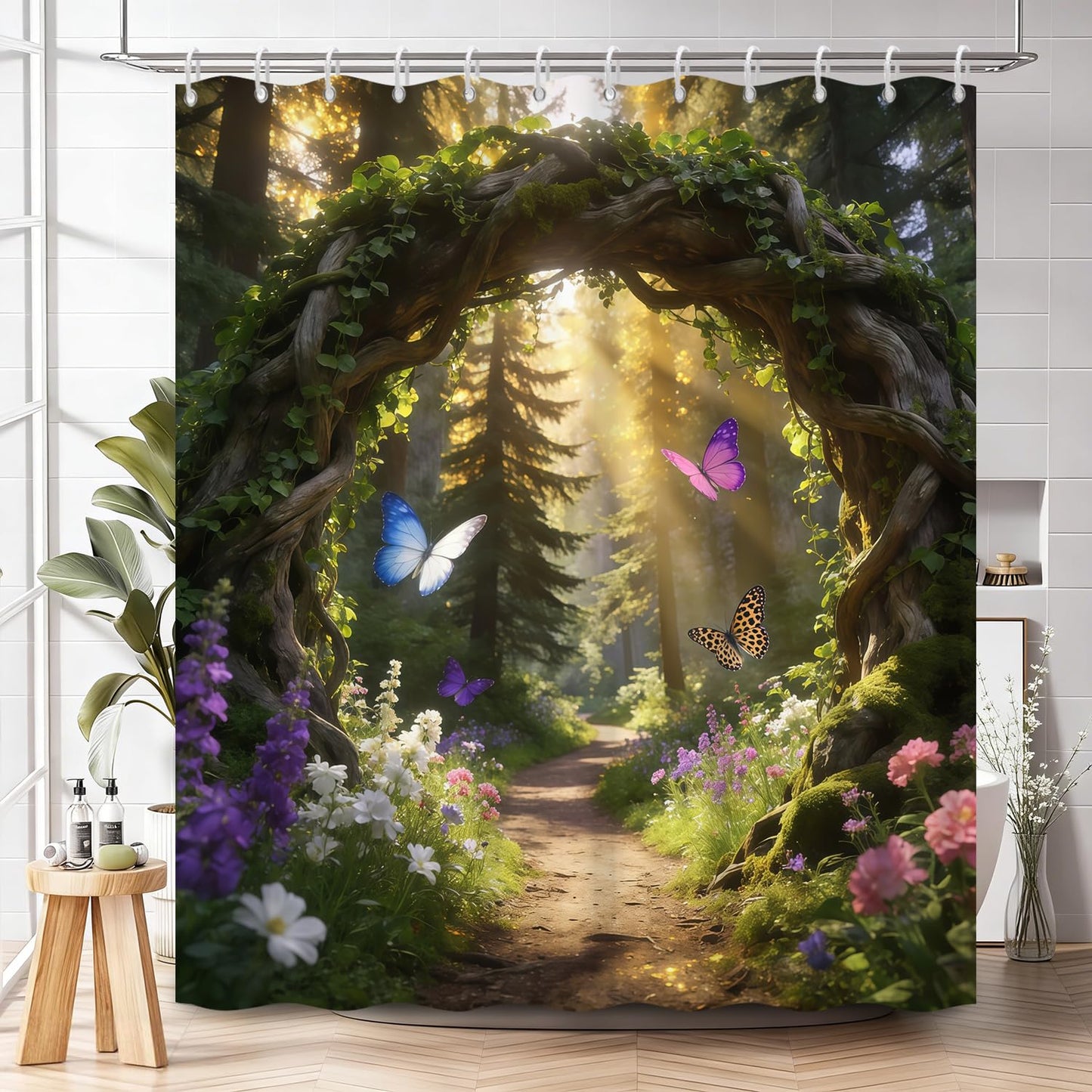NAEMBCU Enchanted Forest Shower Curtain with Hooks - 72x78 Inch Extra Long Waterproof Fabric Bathroom Curtain with Butterfly, Wildflower and Woodland Path Design, Nature Scene Bath Curtain Decor