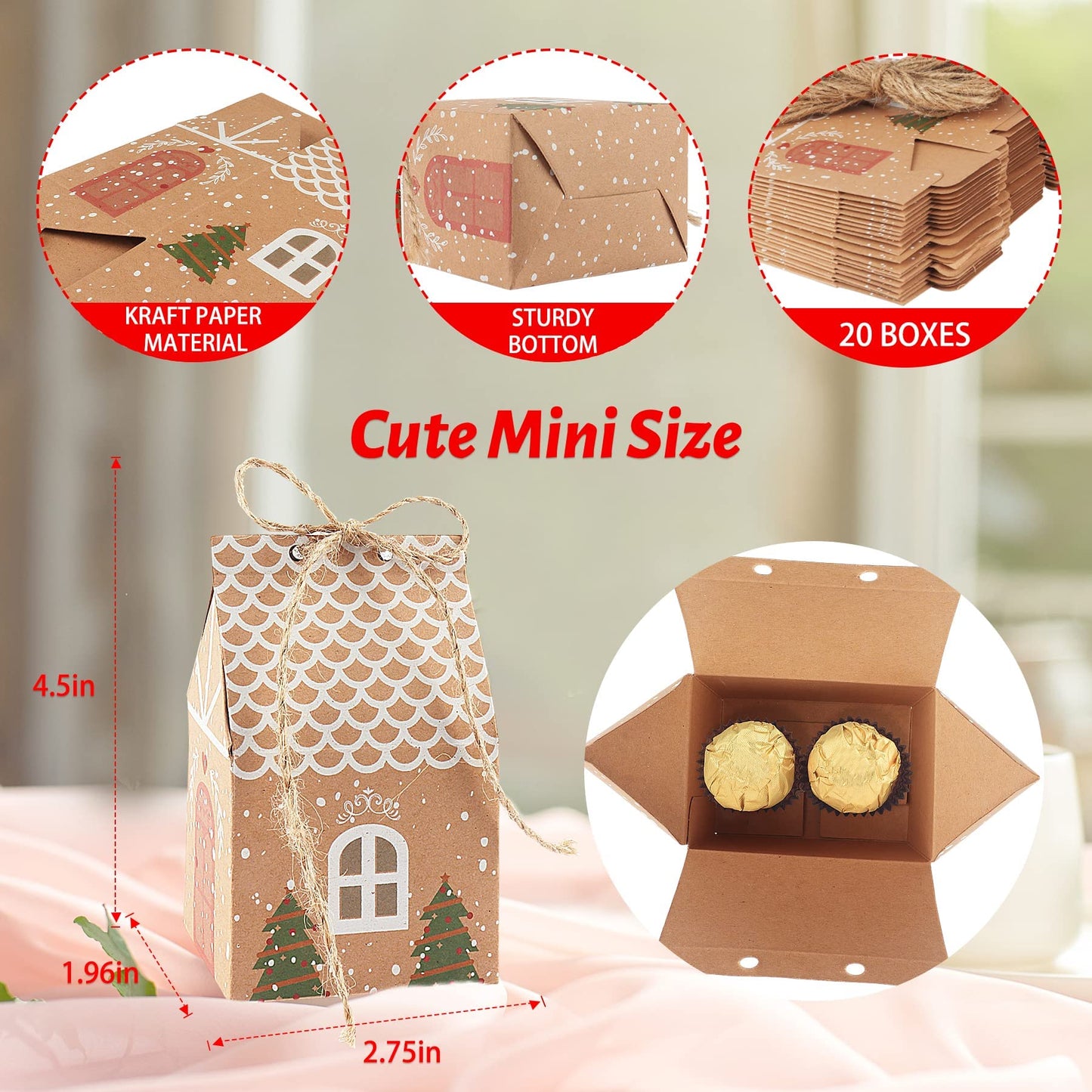 ANCIENTPWR 20 Christmas Candies Treats Boxes for Gift Giving Small Kraft Paper Goodie Bags for Kids with Xmas Tree for Party Favor