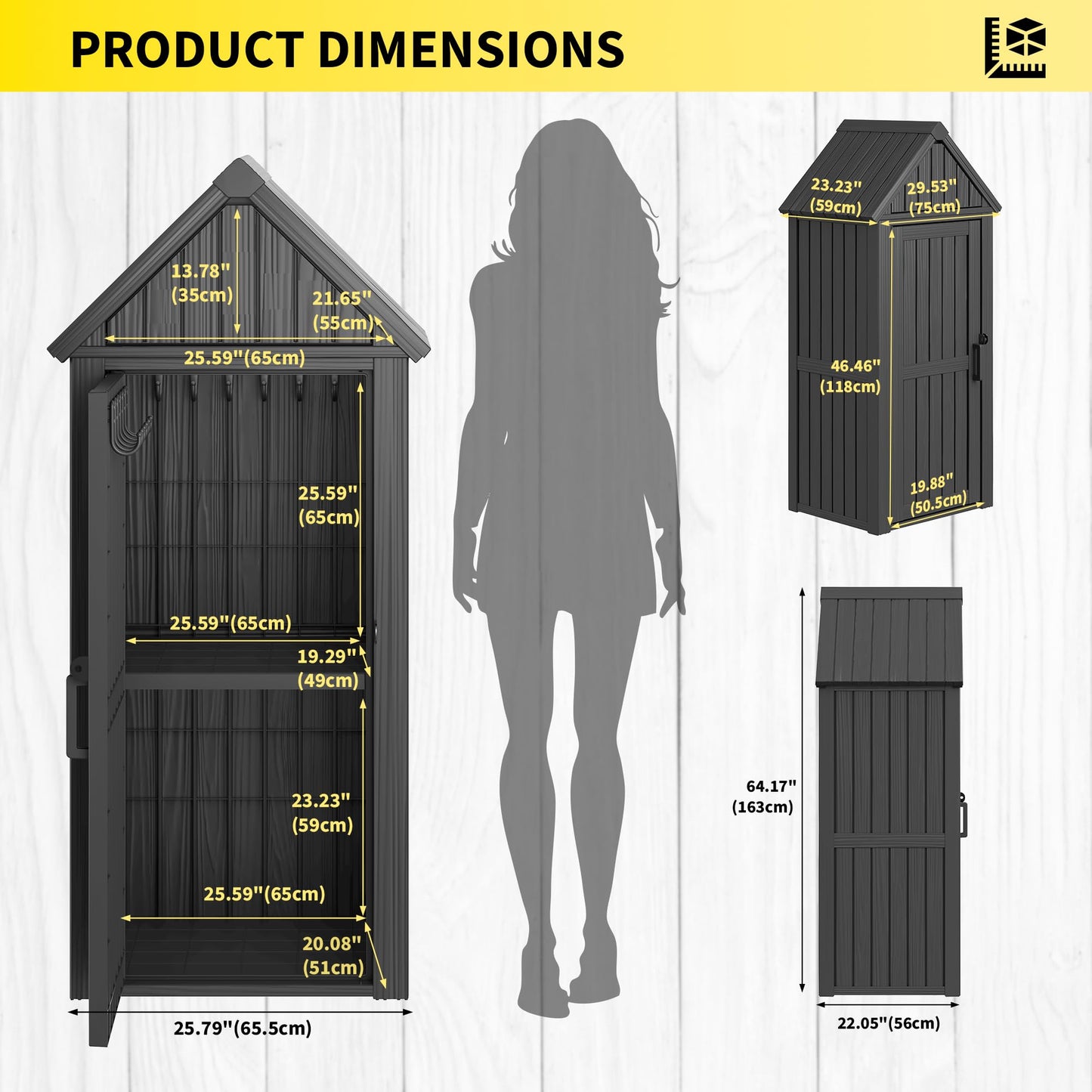 Fancyango Outdoor Resin Storage Cabinet Sturdy All-Weather Shed with Removable Shelves Lock Ring & Reinforced Floor – for Garden Patio Lawn (Black1)