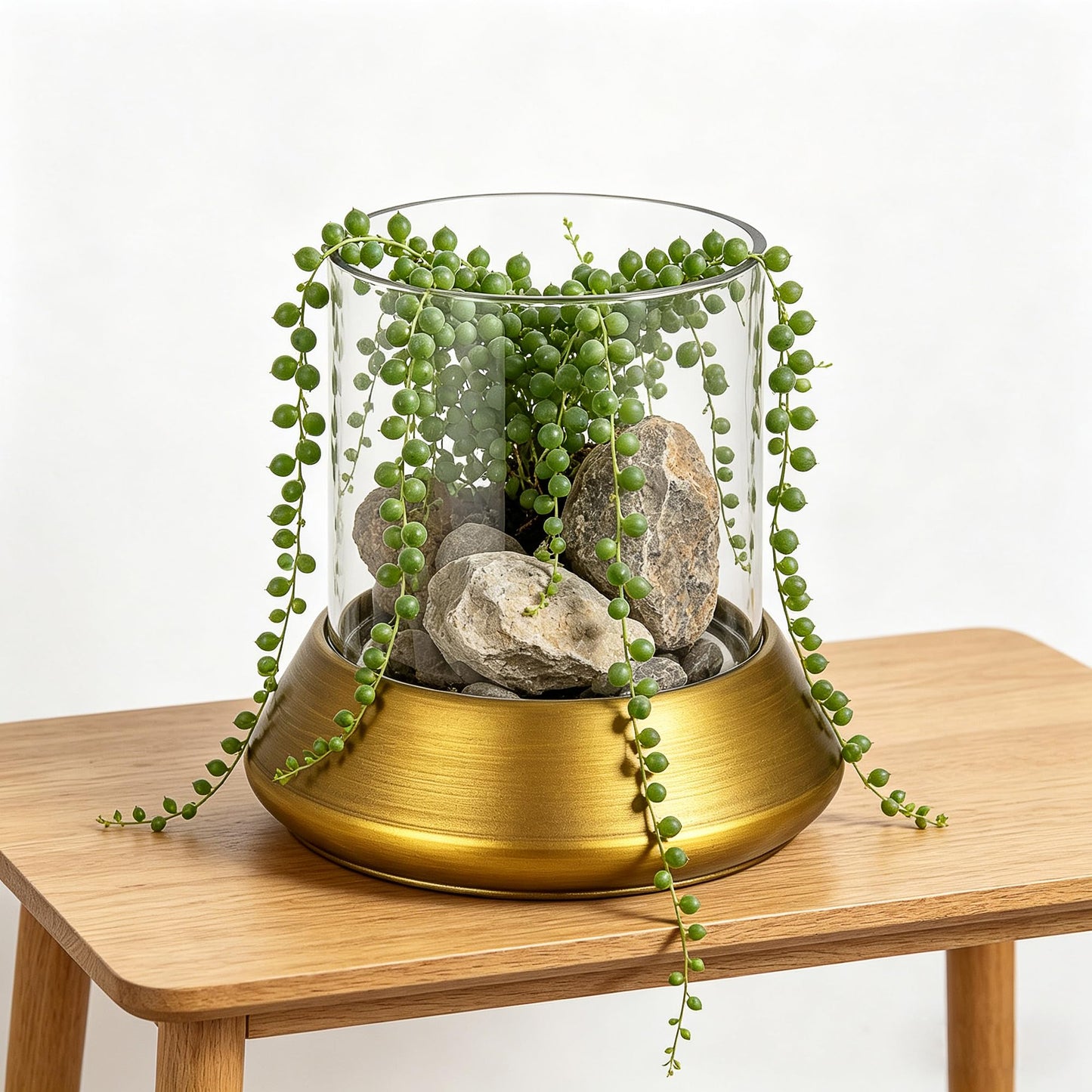 9" Farmhouse Glass Hurricane Candle Holder & Glass Vase with Metal Base in Antique Brass for Pillar & Flower Arrangement, Candlestick Holder, Terrarium, Centerpiece, Console, Dining Table, Mantel