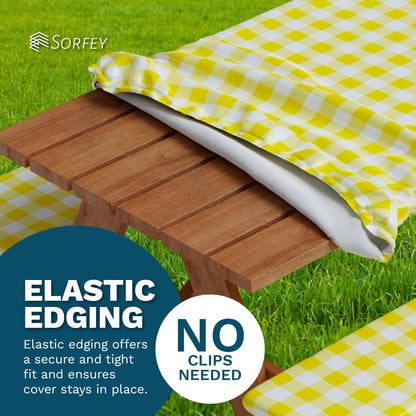 Sorfey Picnic Table Cover with Bench Covers -Fitted with Elastic, Vinyl with Flannel Back, Fits for Table 28"x 72" Rectangle,Water Proof, Checked Red Design