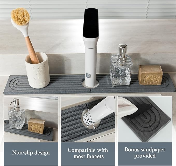 Stone Faucet Mat for Kitchen Sink, Quick Drying Mats, Water Absorbing Guard &