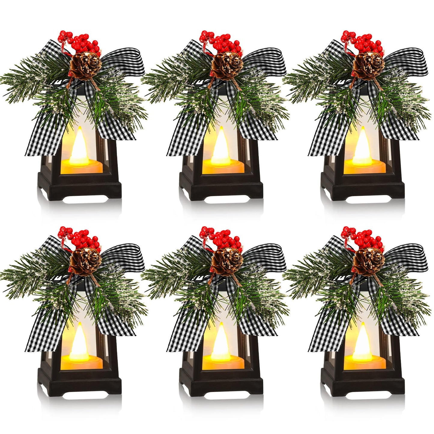 Set of 6 Christmas Mini Decorative Lanterns with Flickering LED Flameless Candle Hanging Lantern Decoration Bulk with Buffalo Plaid Bow Battery Included for Xmas Party (Black and White Bow)