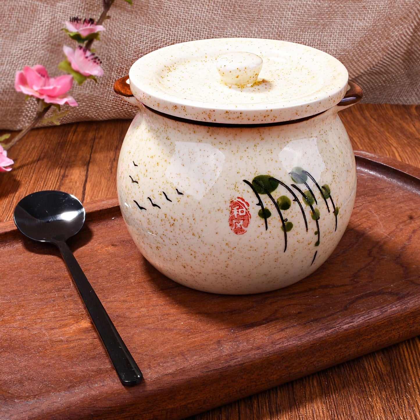 Whitenesser Japanese Willow Pattern Ceramic Sugar Jar & Spice Container with Lid & Stainless Steel Spoon Set – Kitchen Storage, Elegant Sakura Desig