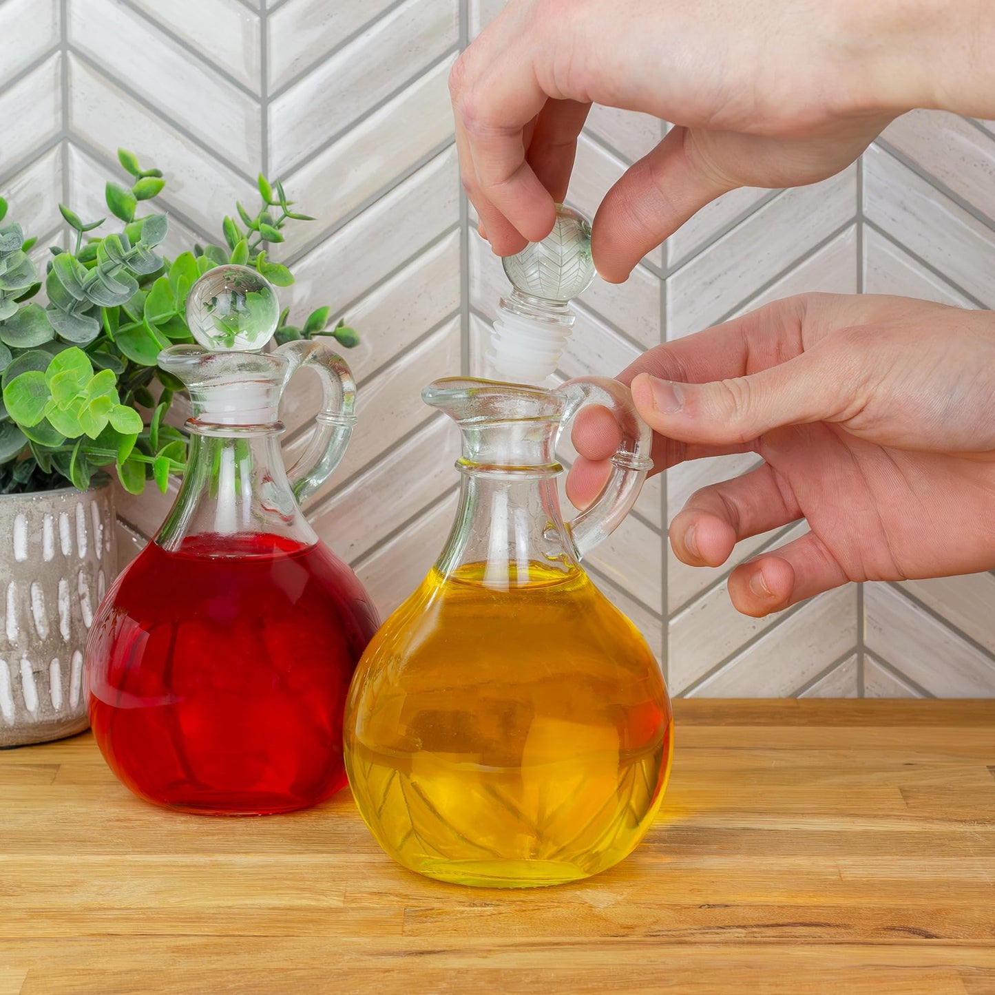 Cornucopia Brands Glass Oil and Vinegar Cruets (Set of 2); 8oz Round Oil Dispensers / Salad Dressing Bottles with Stoppers