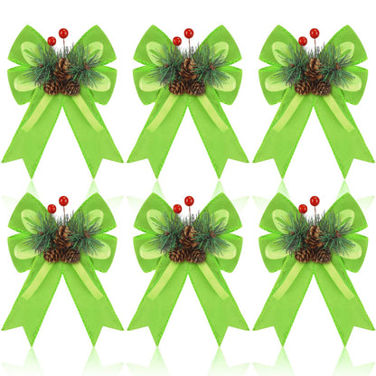 Syhood 6 Pcs Christmas Velvet Bow with Pine Cones Pine Needles Berries Xmas Lime Green Ribbon Bow Ornaments 6.3 x 5.1 Inch for Christmas Tree Wreath Garden Fireplace Crafts DIY Decor