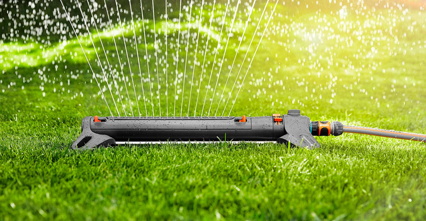 Gardena AquaZoom L rectangular sprinkler: Sprinkler for watering areas of 28–350 m², range 7–21 m, spread 4–17 m, built-in metal filter (18714-88)