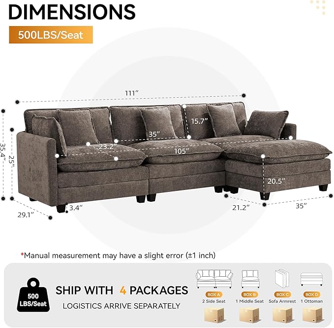 111'' Sectional Cloud Deep Seat Couch, Modern Comfy Chenille L Shaped Sectional
