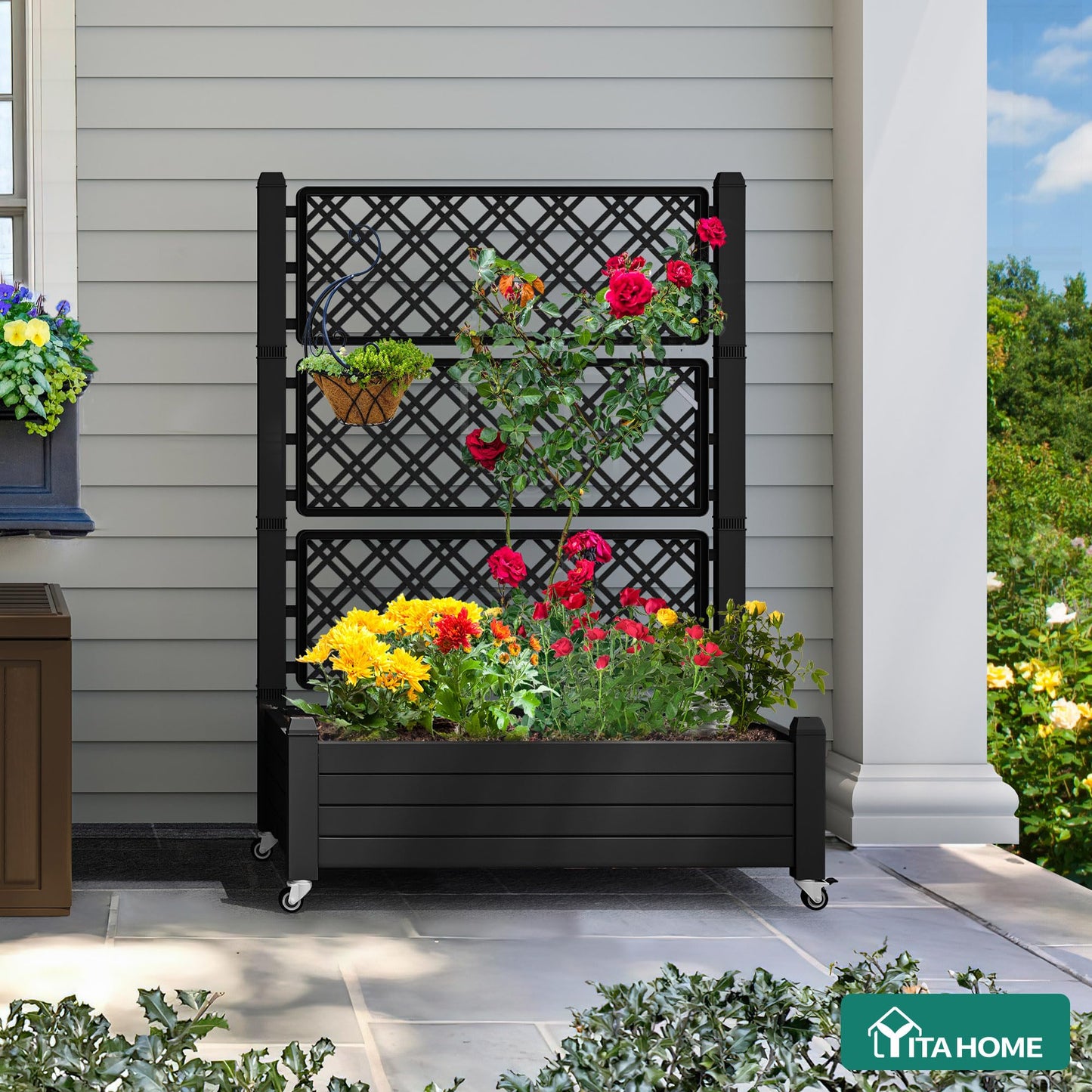 YITAHOME 43.3x17.7x61 in Planter Boxes Outdoor with Trellis 2pcs Resin Raised Garden Bed with Wheels & Drain Plug for Climbing Plants, Weather-Resistant Outdoor Privacy Screen, Black