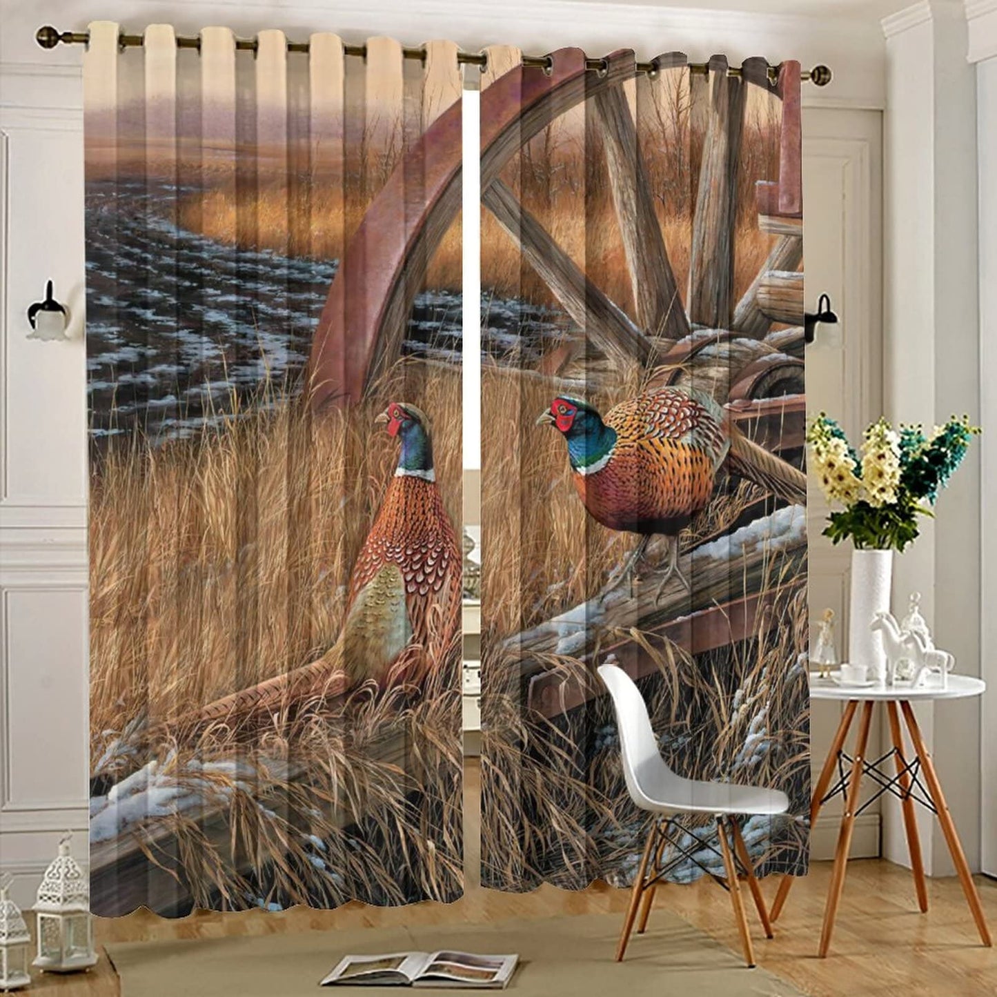 Kazynee Rustic Pheasants Ultra Soft Premier Blackout Curtains,Camouflage Wildlife Pheasants Retro Forest Country Farmhouse Thermal Insulated Bedroom Noise Reducing Grommet Top,2 Panels 63L x 21W