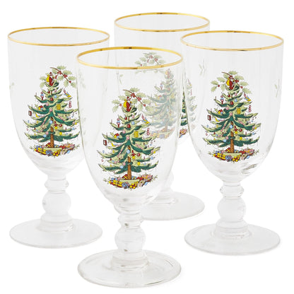 Spode Christmas Tree Gold 16oz Pedestal Goblets (Set of 4) - Gold Rimmed Glasses, Festive Holiday Drinkware for Christmas Dinner, Wedding Gifts - Holiday Glassware for Wine, Cocktails & Martinis