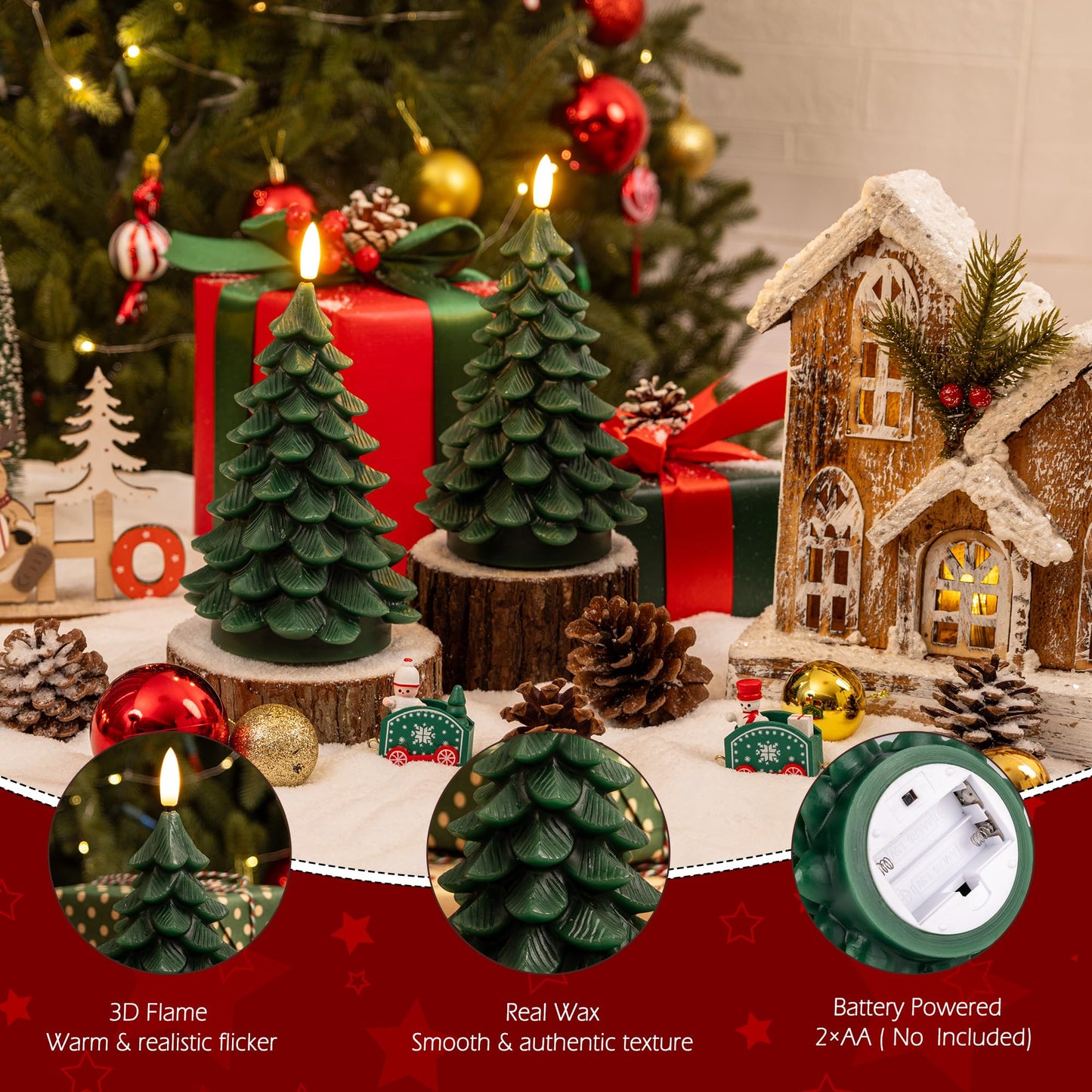 AFINETH Christmas Tree Candles with Remote, 2 Pack Green Flameless Candles Battery Operated, Real Wax Flickering Christmas Led Candle Decorations for Winter Home Holiday Xmas Gift