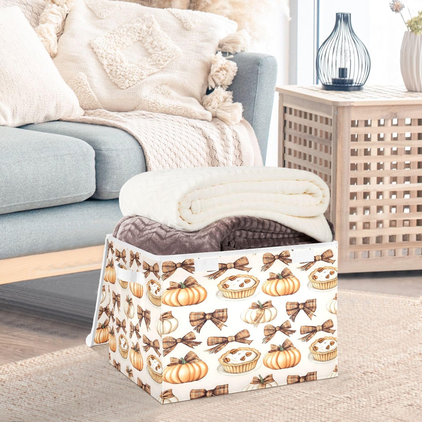 Bolaz Storage Bins with Lids and Handles,Autumn Pie Pumpkin Bows Pattern Storage Box Basket with Cover Collapsible Organizer Containers for Home Closet, Shelves