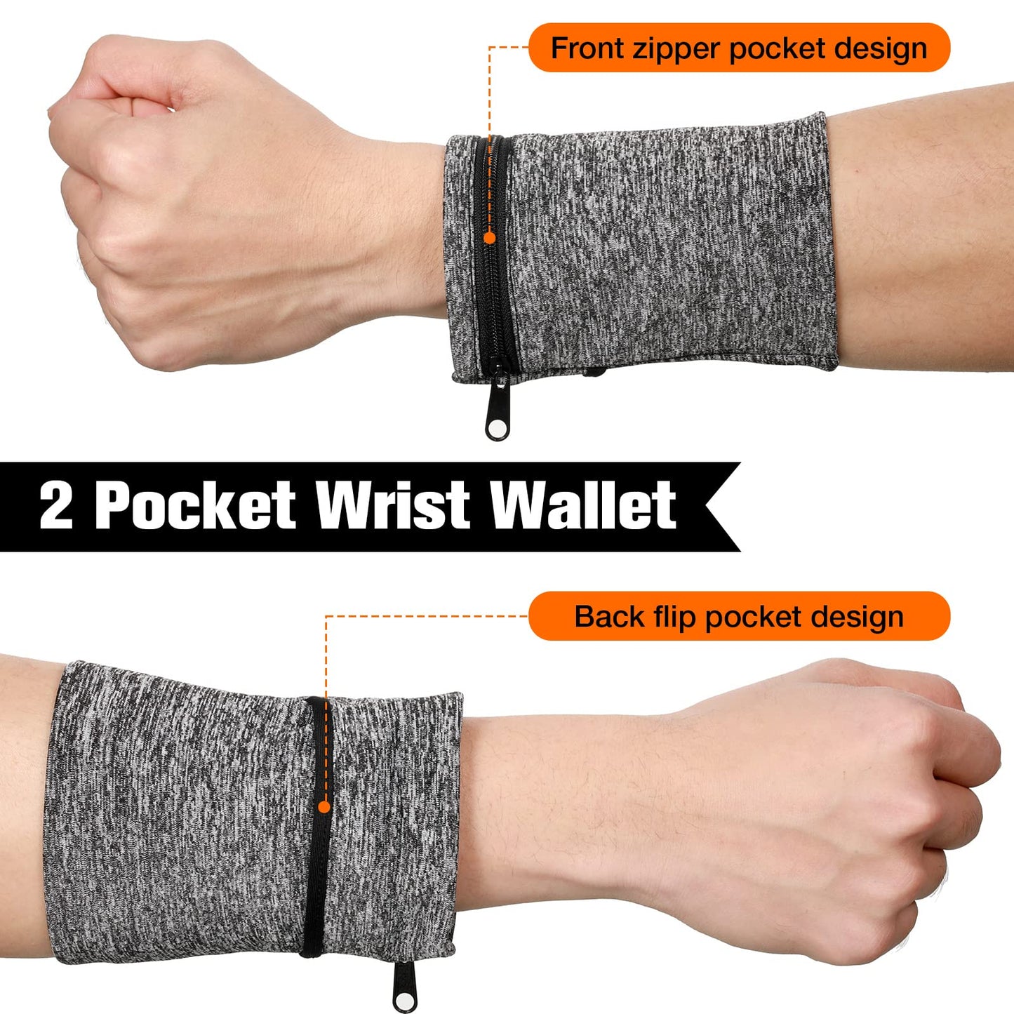 Honoson 5 Pcs Wrist Wallet for Women Men, Zipper Wrist Pouch Running Wallet Wristband Sweatband, 2 Pockets, Spandex, Large, Dark Colors for Running, Walking, Hiking, Jogging, Travel