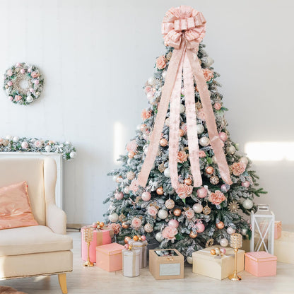 Christmas Tree Topper, 32x12 inch Large Toppers Single Sided Bow with Glitter Satin Mesh Streamer, Rose Gold Christmas Tree Topper for Christmas Home Decoration (Rose Gold)