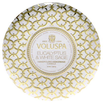 Voluspa Eucalyptus & White Sage, 3 Wick Tin Candle, 12 oz, 40 Hour Burn Time, Coconut Wax for Clean Burning, Handcrafted in the USA
